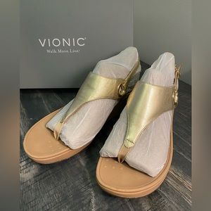 Vionic Women Sandals 9 Jolie Gold Metallic T-Strap Podiatrist Thong Wedges